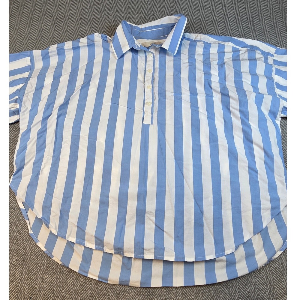 Loft Womens Large Blue White Striped Cotton Popover Shirt Short Sleeve Oversized
